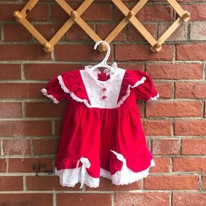 Vintage Baby Red Velvet Christmas Dress Lace Trim Roses Details Ruffle Skirt wit